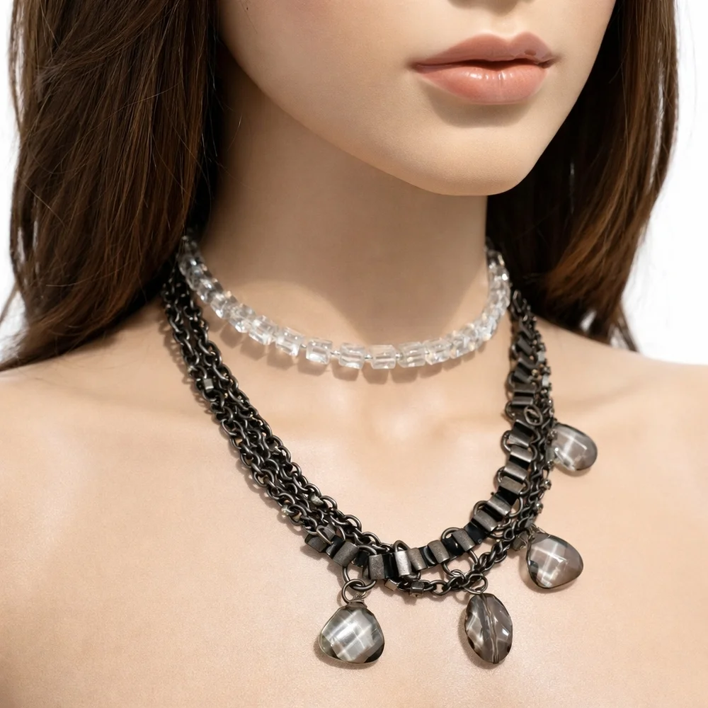 Multi Strand Black & Clear Beaded Statement Necklace, Women's Fashion Jewelry
